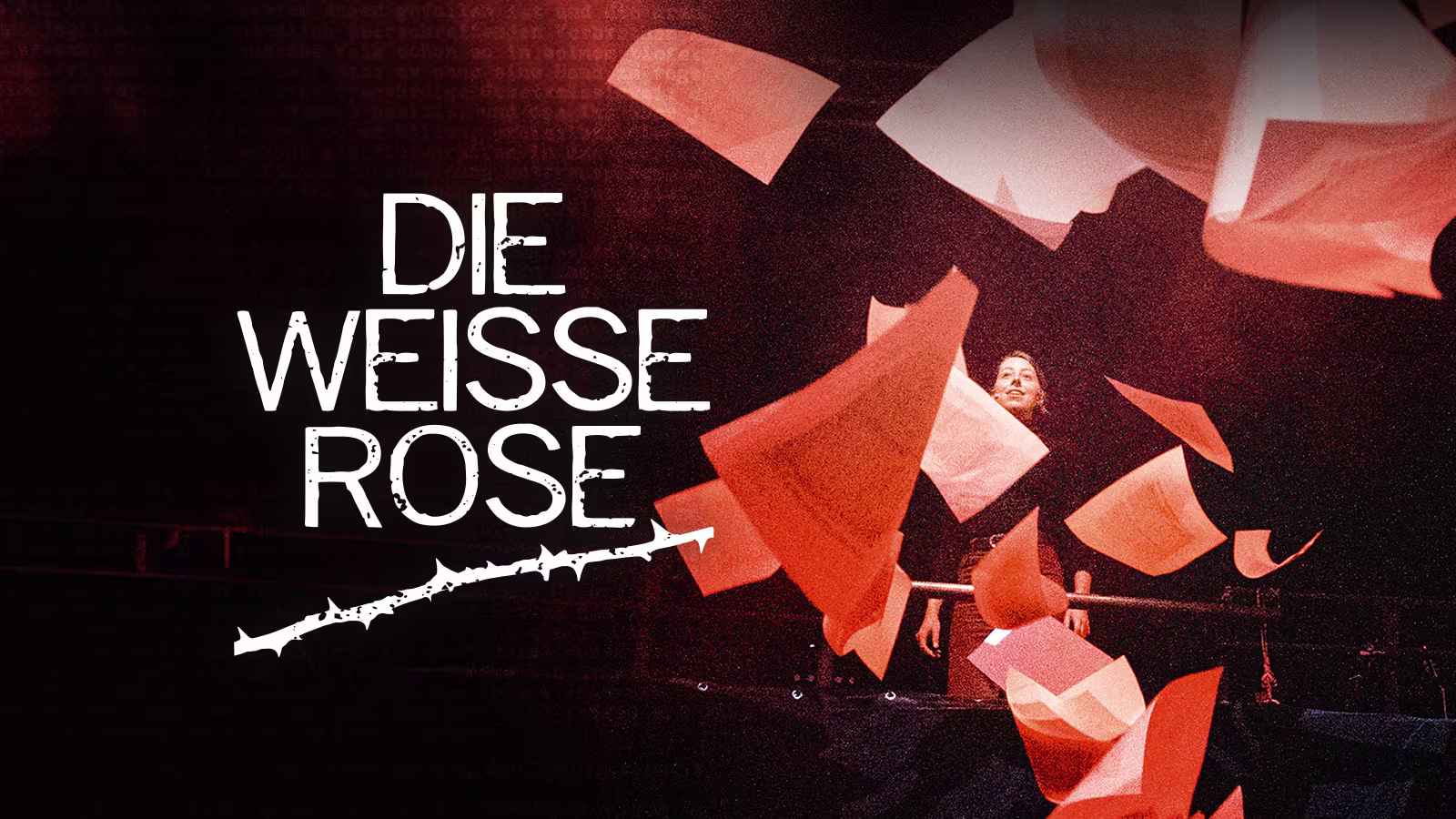 Die weiße Rose Keyvisual mit schwarzem Hintergrund und weißer Schrift und roten Rosenblättern, die fliegen
