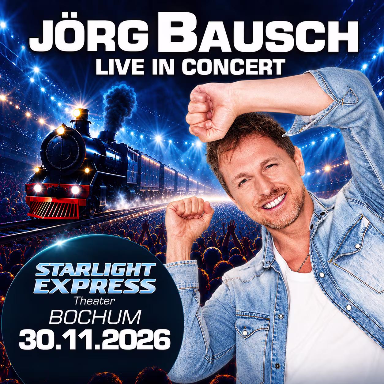 Jörg Bauch mit Startlight Express Logo und Zug im Hintergrund