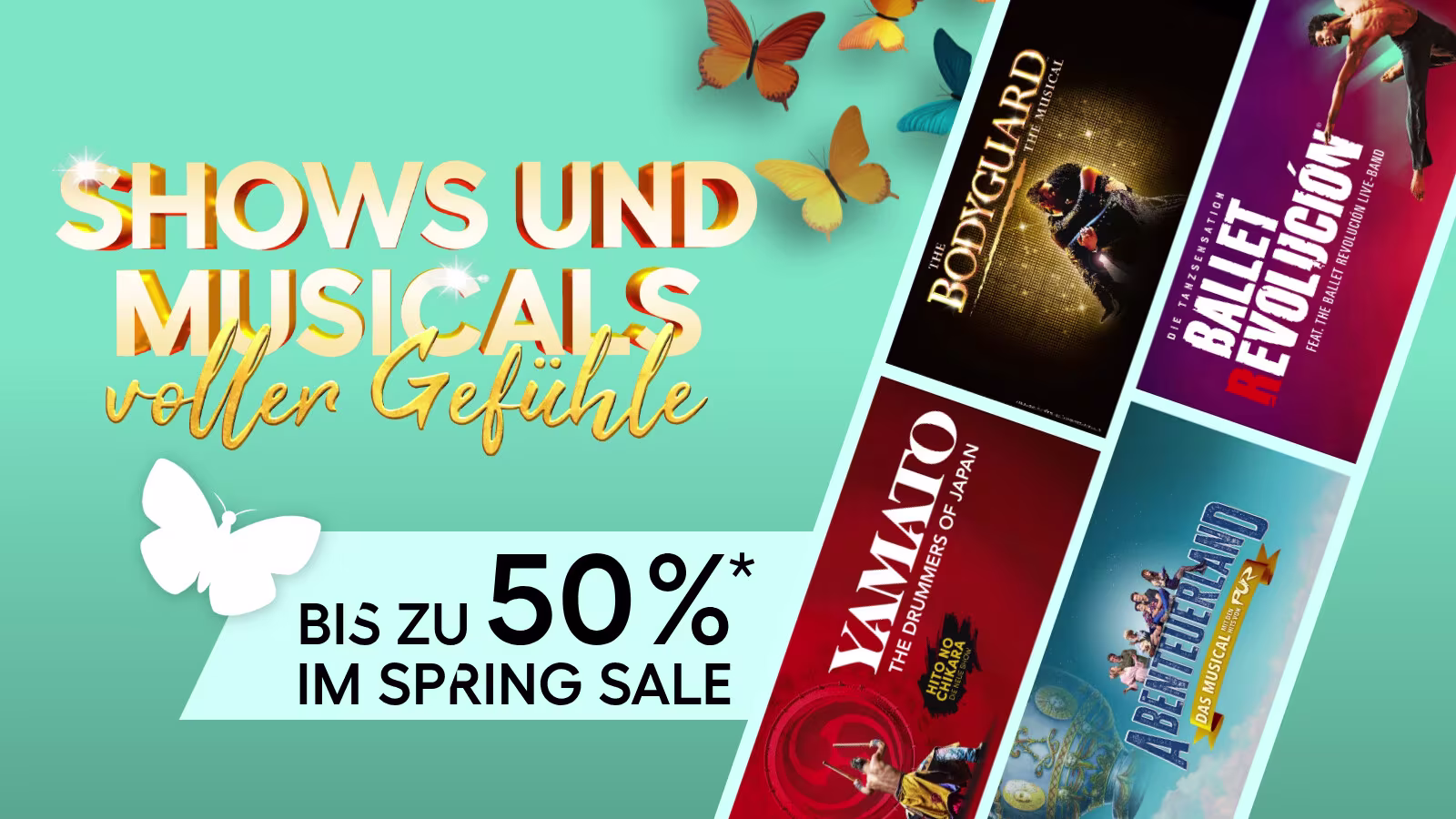 ATG Tickets Spring Sale Grafik mit grünem Hintergrund, Schmetterlingen und den Logos der teilnehmenden Produktionen
