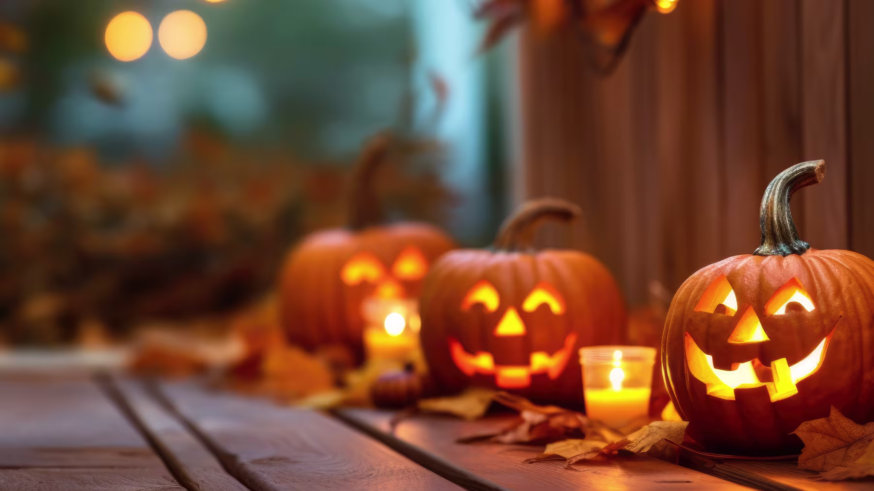 Halloween Kürbisgesichter und Kerzen