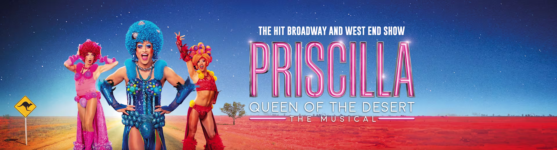 ATG Touring, das Banner von Priscilla - Queen of the desert. Drei Darsteller posieren singend und tanzend.