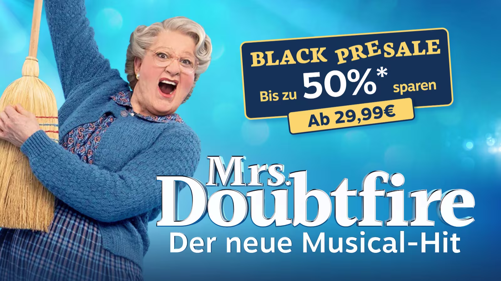 Keyvisual zum Black Friday Mrs Doubtfire Tickets ab 29,90€