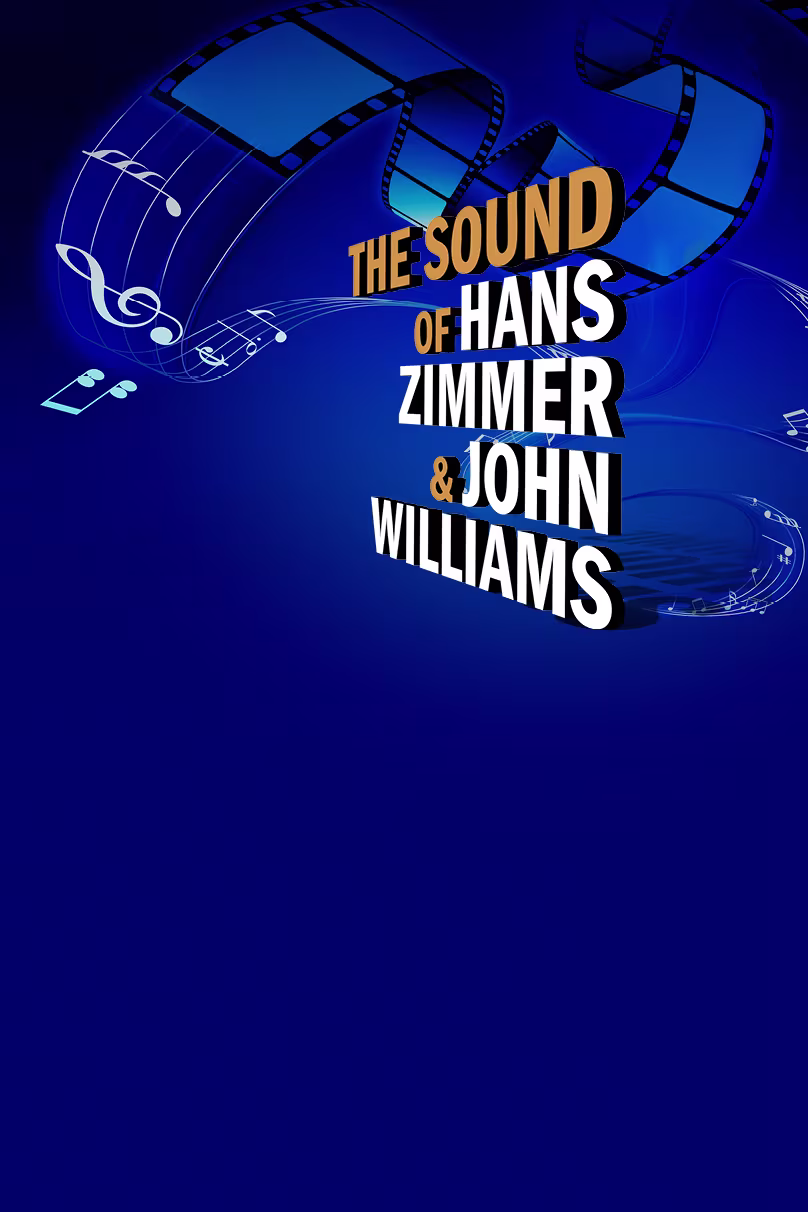 Das Logo von The Sound of Hans Zimmer & John Williams vor blauem Grund mit Filmrollen und Musiknoten.