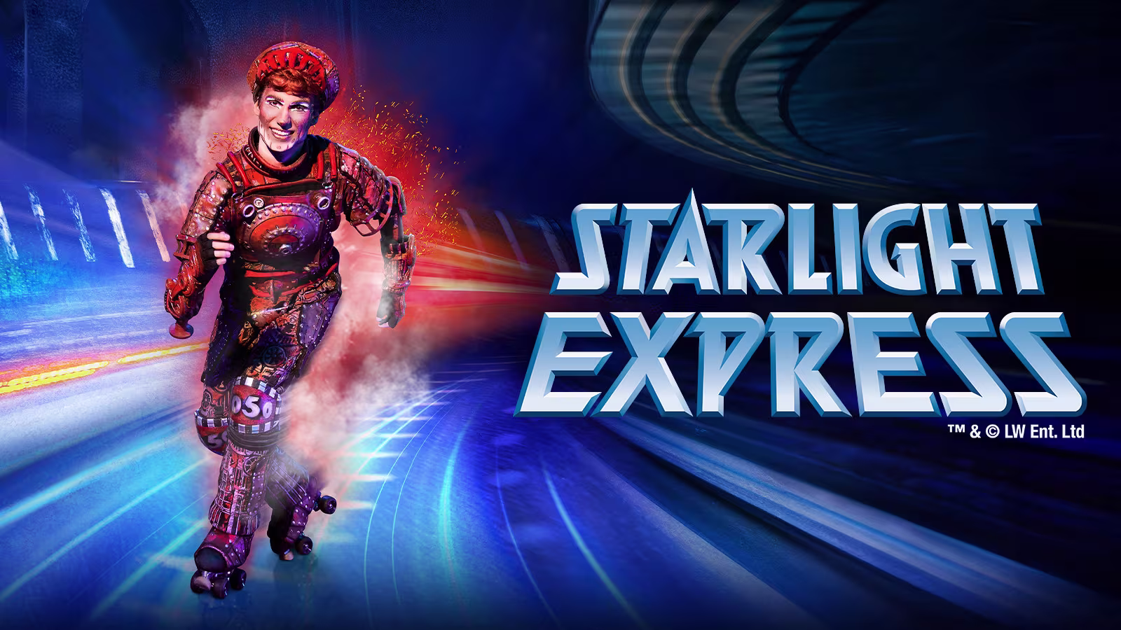 Rusty fährt auf Rollschuhen über die Gleise. Neben ihm ist das Starlight Express Logo.
