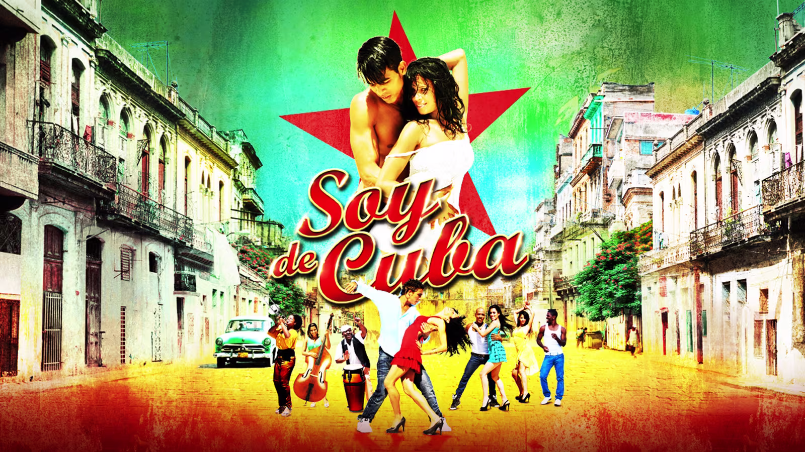 Ein Tanzendes Pärchen vor einem roten Stern, eine alte Stadt im Hintergrund. Unter dem Logo von Soy de Cuba im Zentrum, tanzen weitere Menschen.
