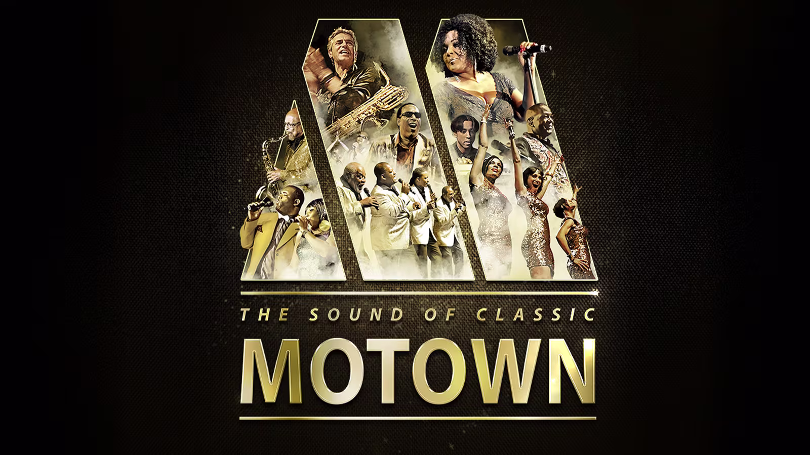 Das Logo von the Sound of Classic Motown in gold auf schwarzem Hintergrund. Im M sind Bilder von den Künstler*innen der Show.