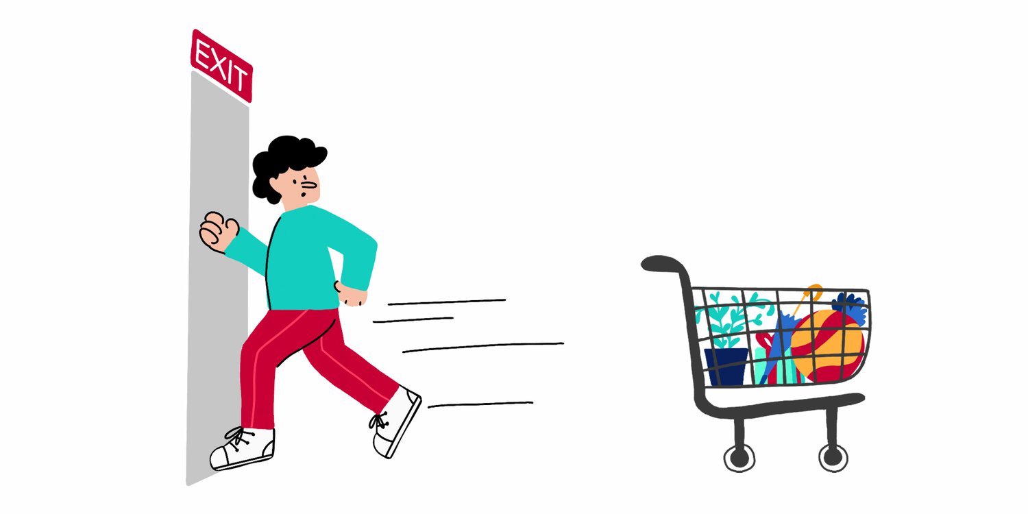  A visual illustration showing a man abandoning a shopping cart filled with products