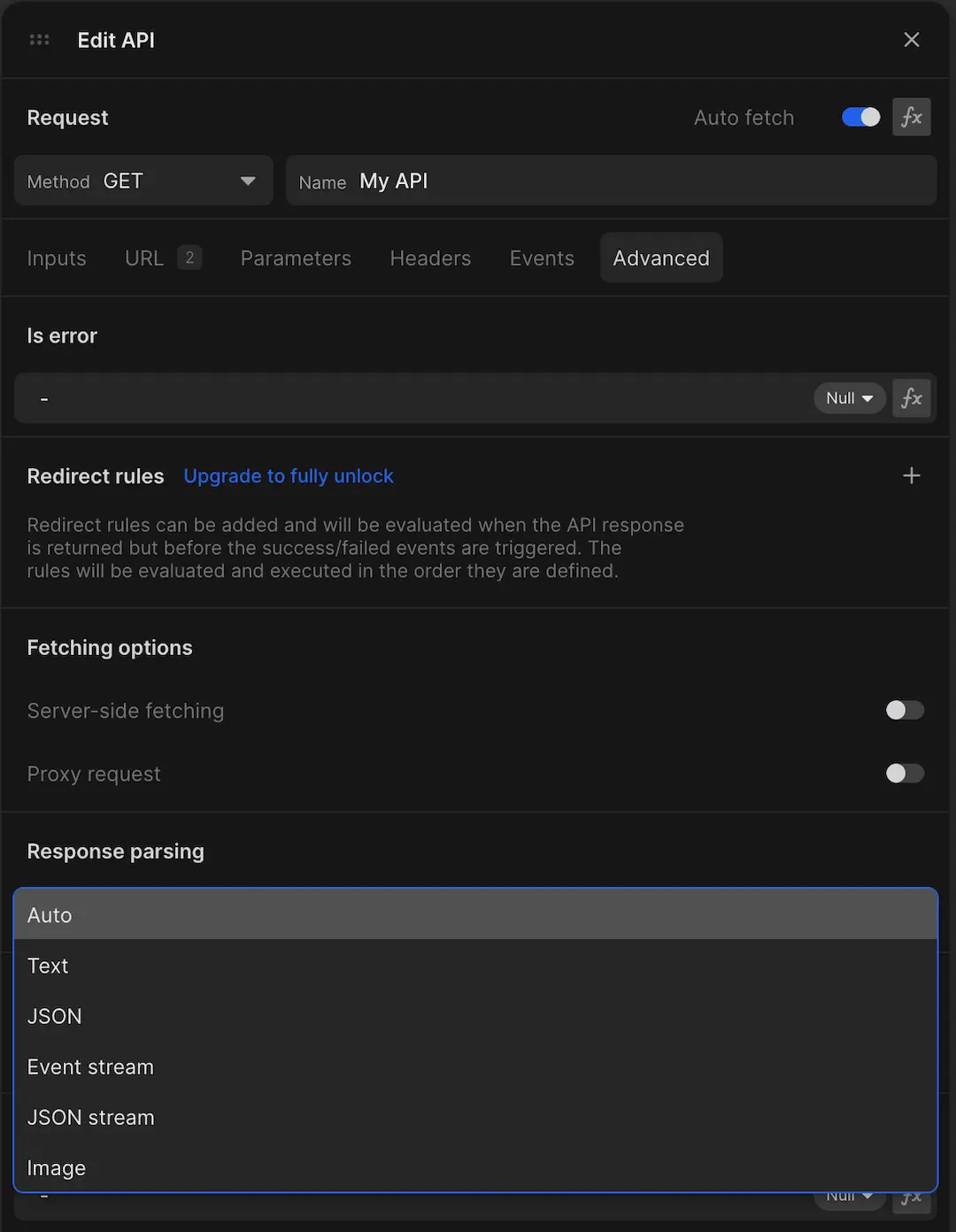 The different parsing options on an API request. By default, toddle tries to parse an API's response based on its Content-Type header. Read more in the docs.