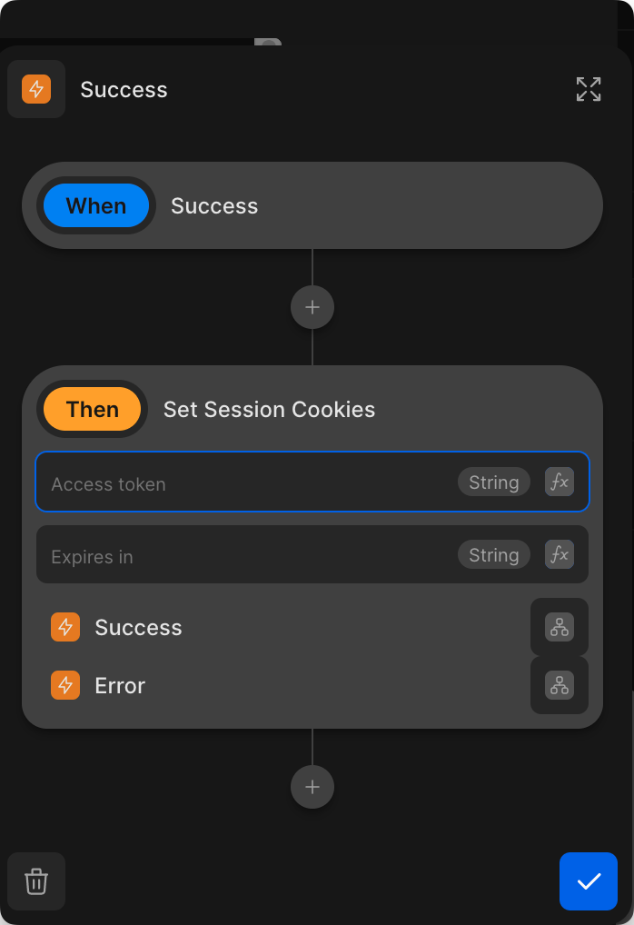 The set session cookie action lets you set an access token and optional id token from your toddle app
