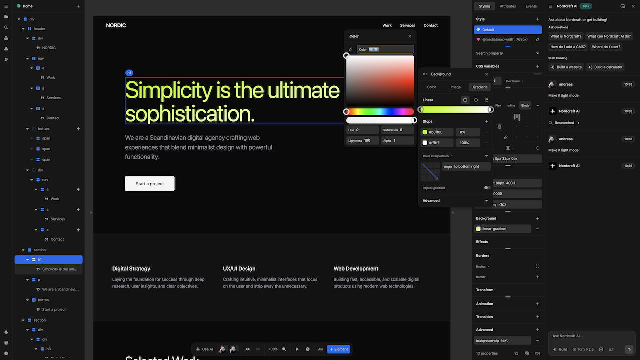 A screenshot of the Nordcraft editor showing the AI assistant open at the right side, and the style panel open with the colour picker and gradient editor open, demonstrating you can visually edit whilst using the AI Assistant.