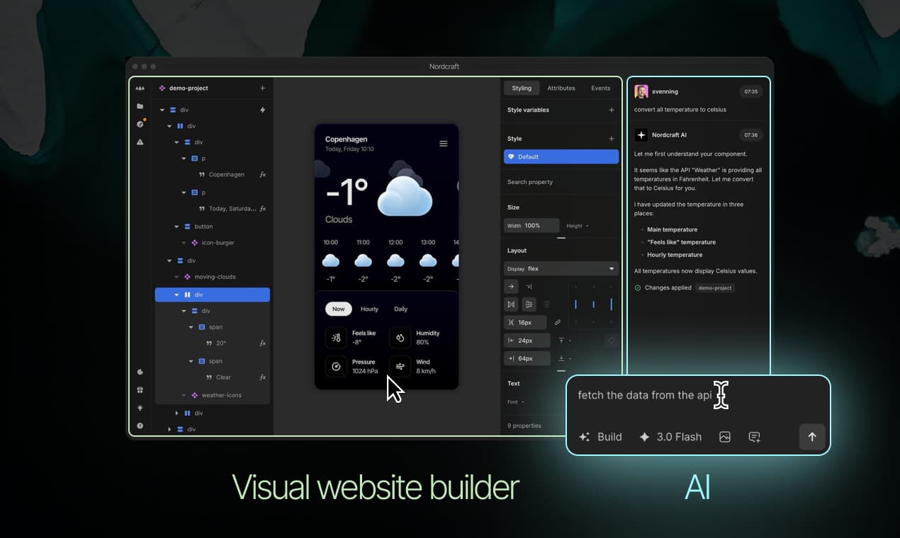 A screenshot of the Nordcraft visual website builder, highlighting two areas of the UI, where you can use the AI to prompt changes, and using the visual editor to make changes and stay in control.