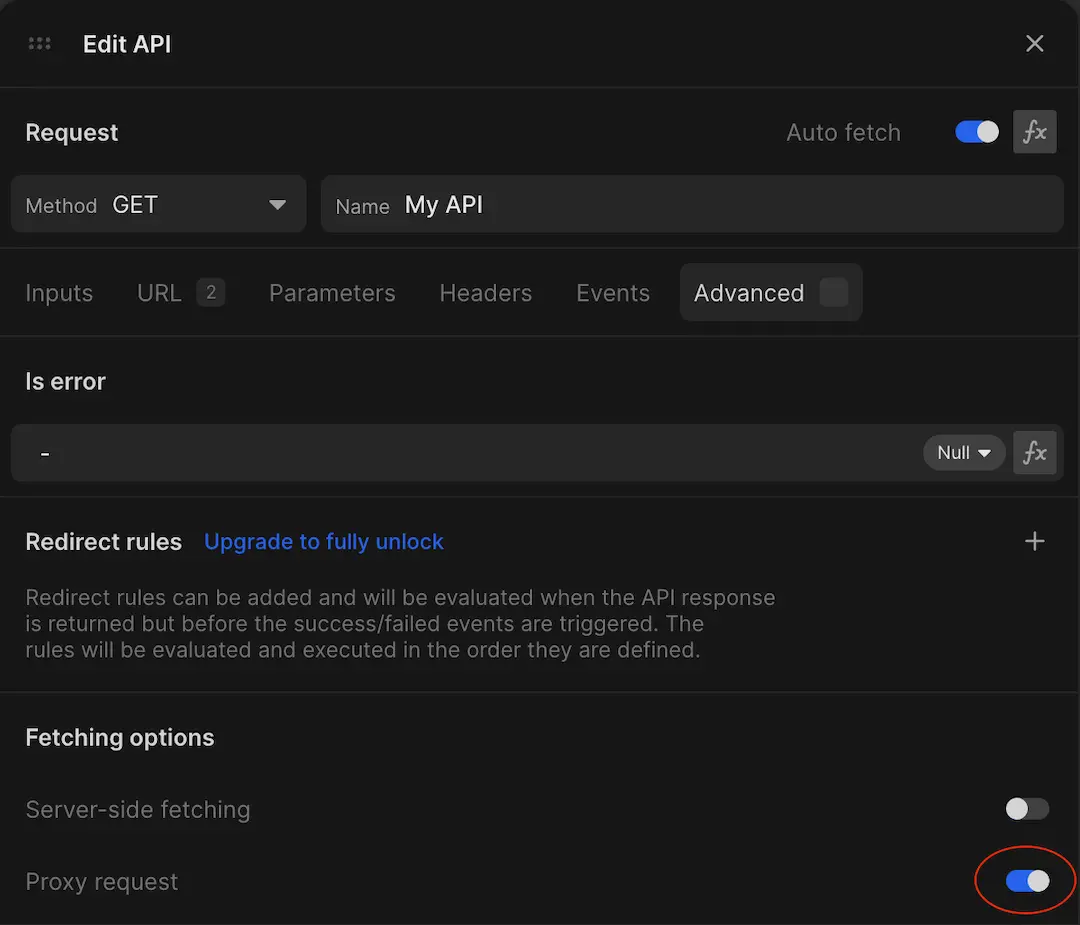 How to enable the proxy setting for an API request. The "Advanced" section of the API dialog allows you to control whether an API request should be proxied.