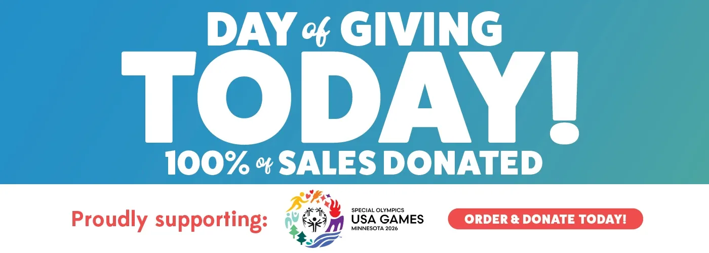 Today is our day of giving! 100% of sales donated. Proudly supporting the Special Olympics USA Games.