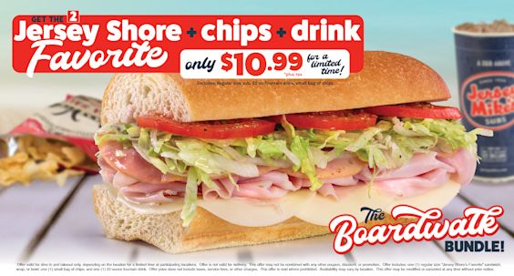 Get the #2 Jersey Shore Favorite, chips, and a drink for $10.99 plus tax. Includes regular size sub, 22oz fountain drink, and a small bag of chips.