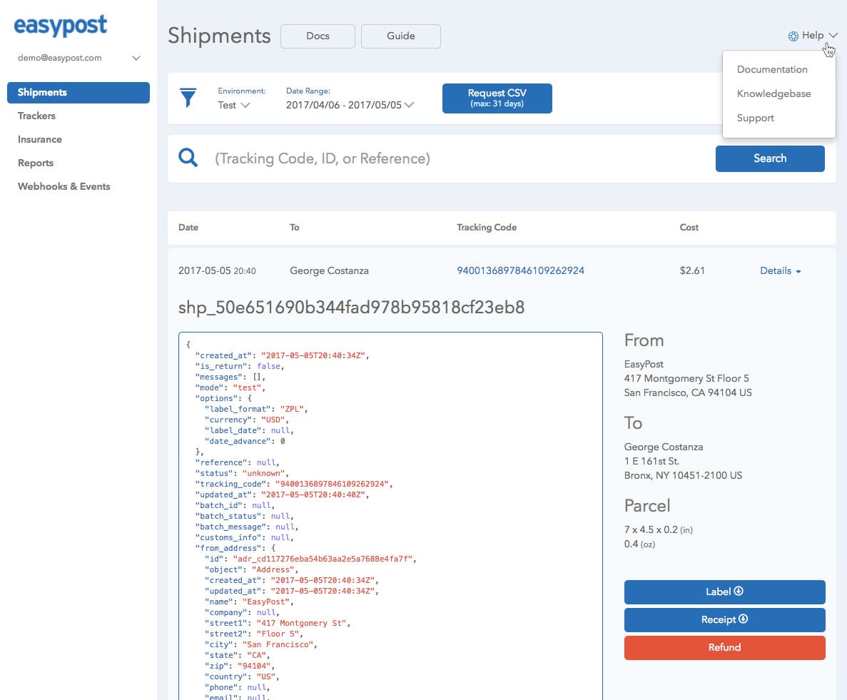 Screenshot of redesigned EasyPost shipments dashboard