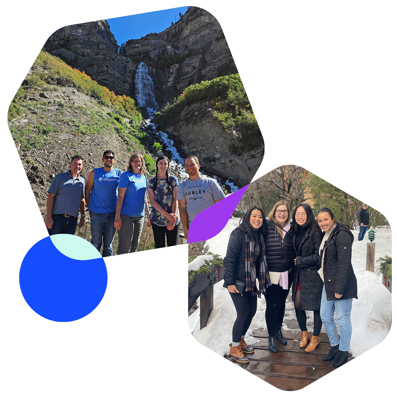 four women on a bridge with snow