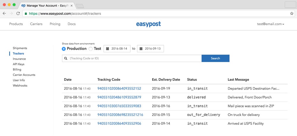 EasyPost Trackers dashboard displaying the tracking information for the various trackers the customer has created