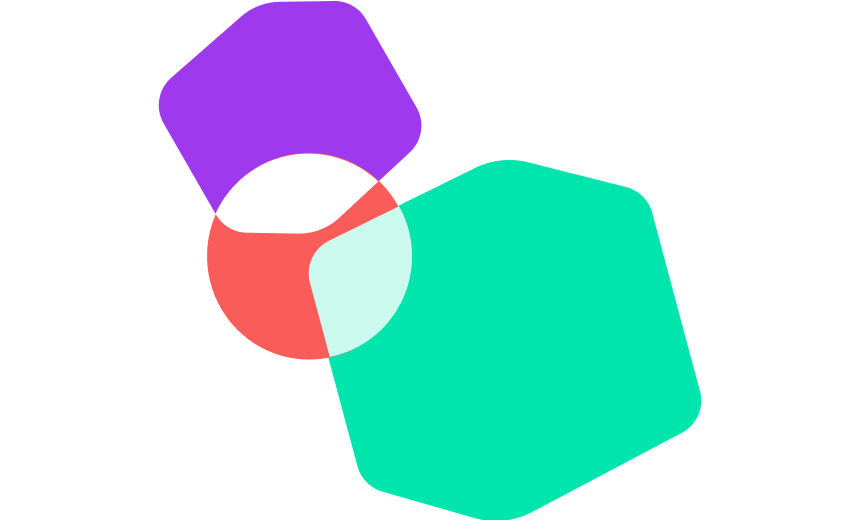 A purple square, red circle, and a teal shape