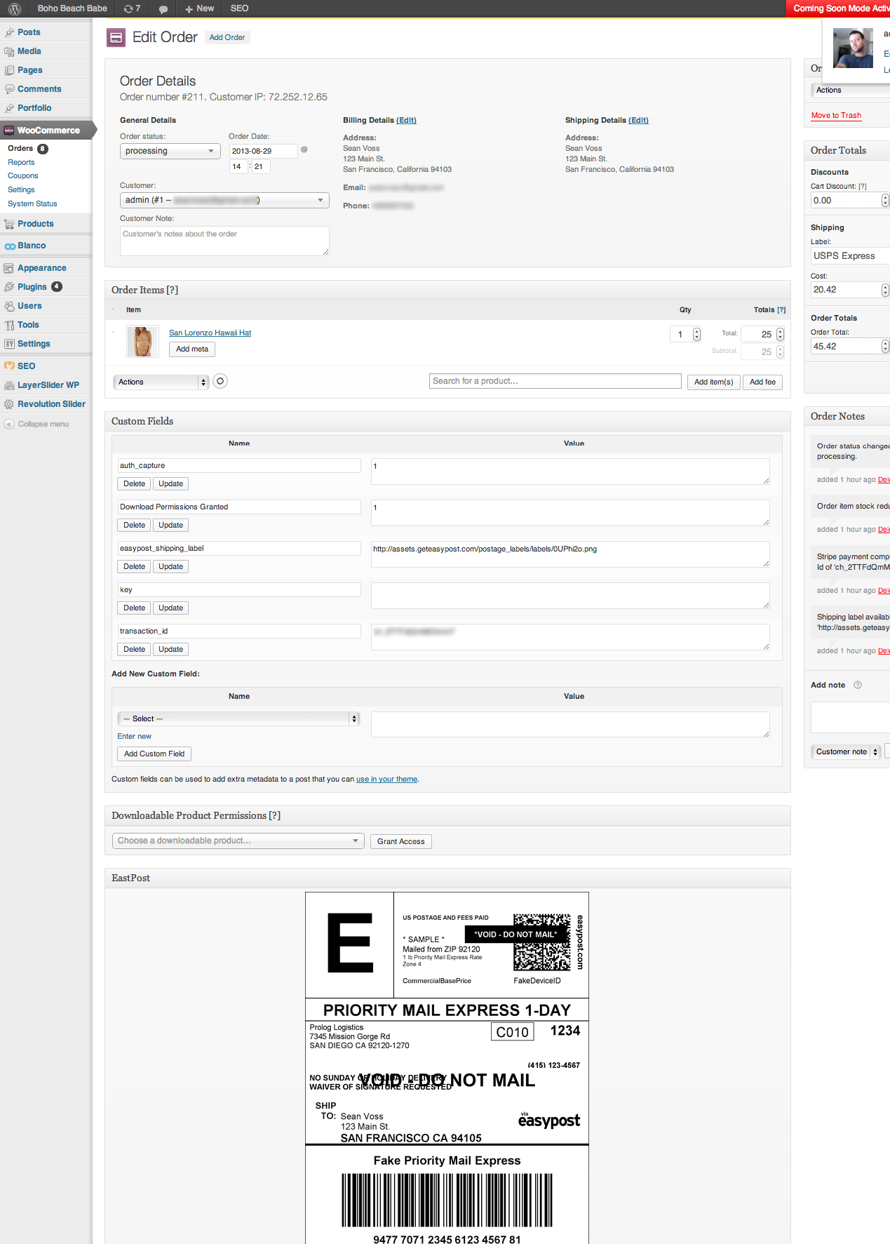 WooCommerce UI showing an EasyPost integration