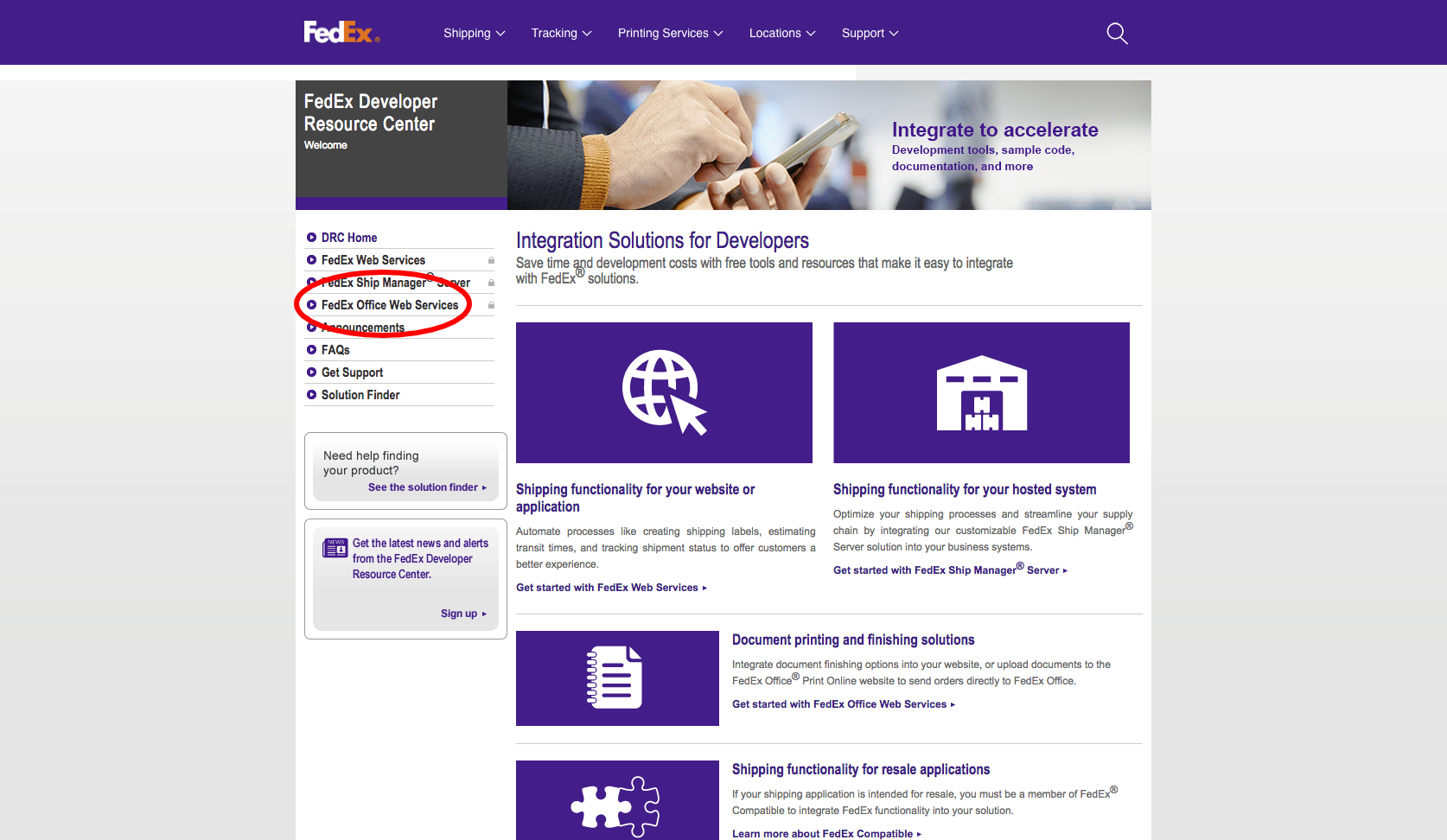 Fedex Developer Resource Center page with Fedex Office Web Services highlighted