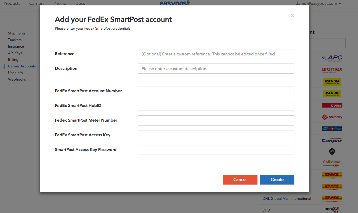 Form to add Fedex SmartPost account