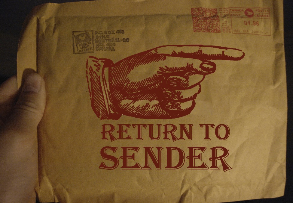 Return to sender written on a padded envelope