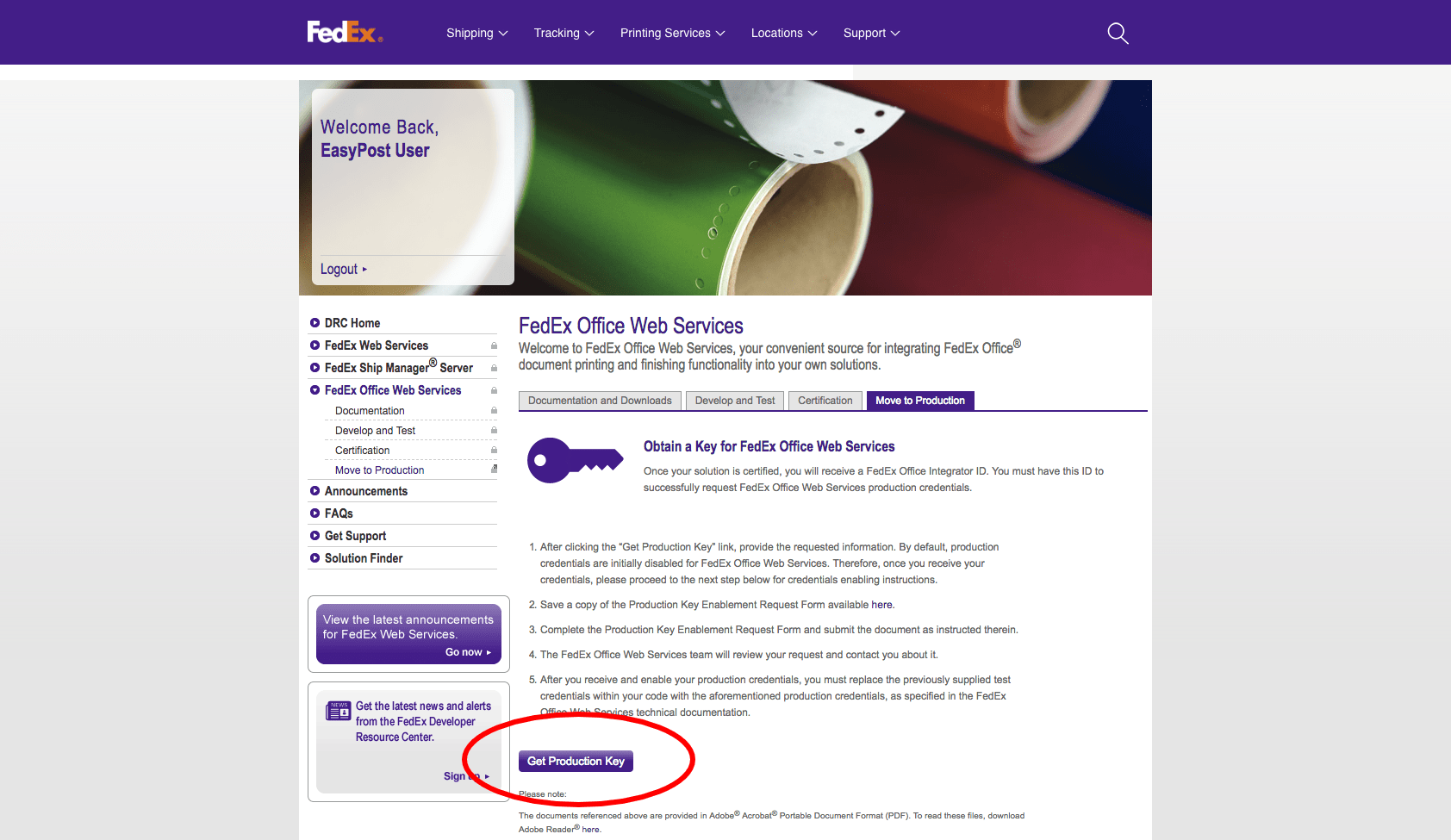Fedex Office Web Services page with Get Production Key button highlighted