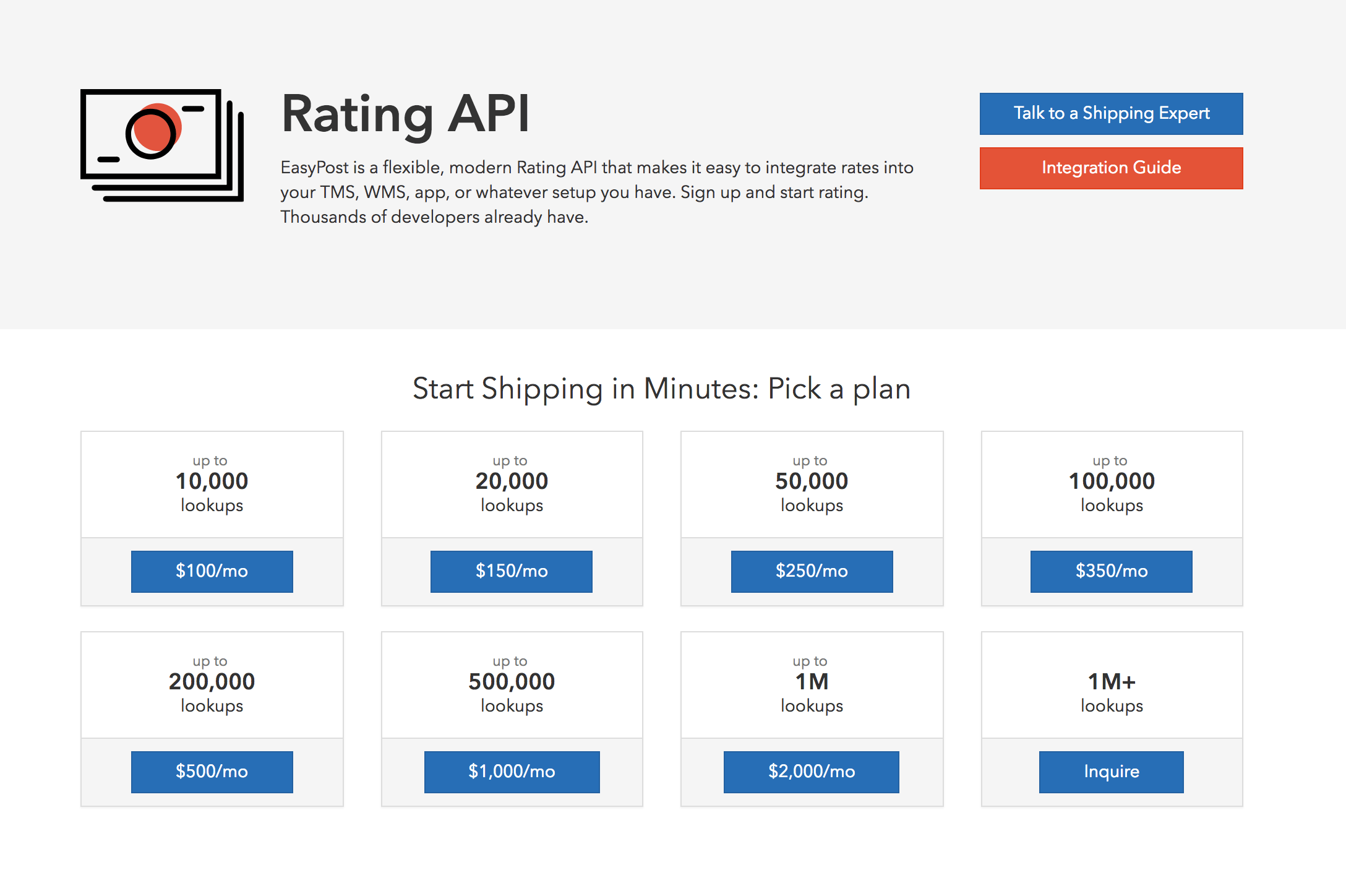 Screenshot of EasyPost's Rating API pricing page
