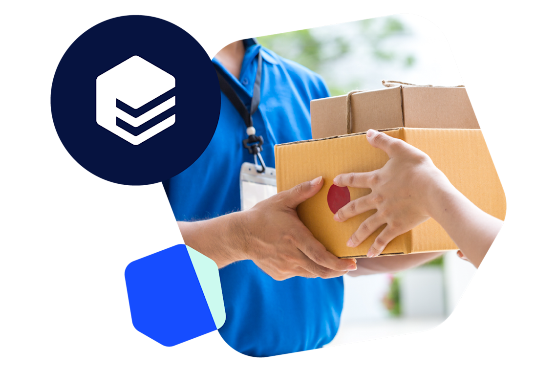 The EasyPost logo displays near a delivery driver handing packages to a recipient.