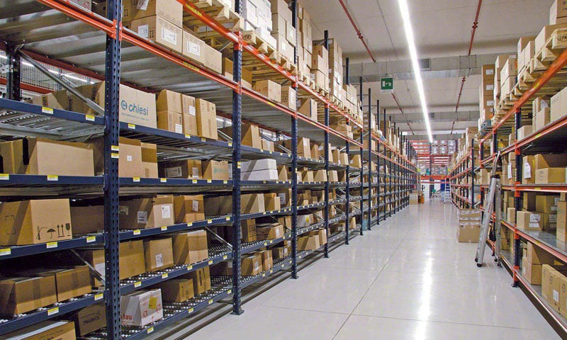 Warehouse with shelves filled with boxes