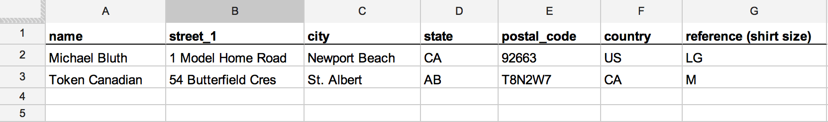 Table with example shipping information