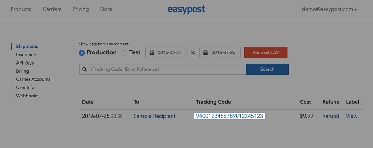 The EasyPost Shipments table with tracking code highlighted
