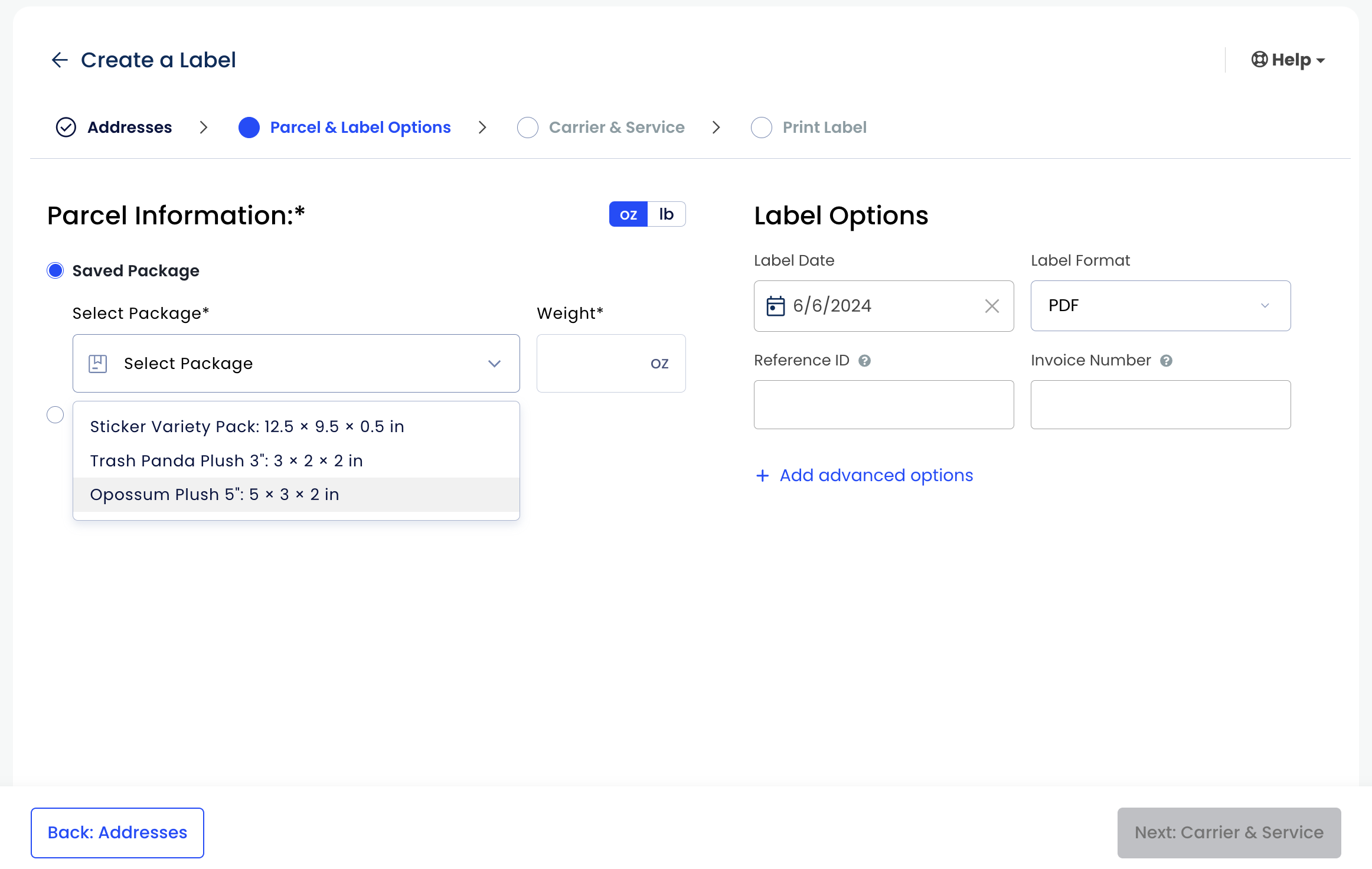 Create Label experience for Saved Packages