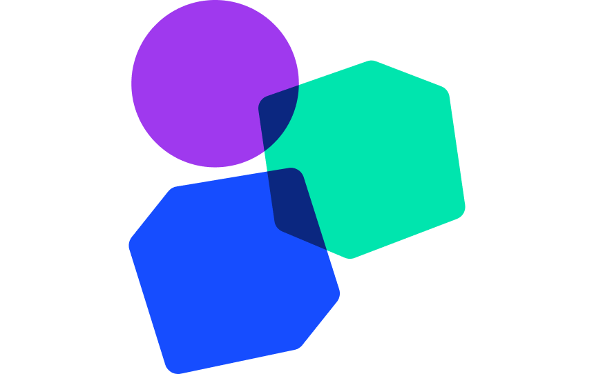 A purple circle, teal shape, and a blue shape