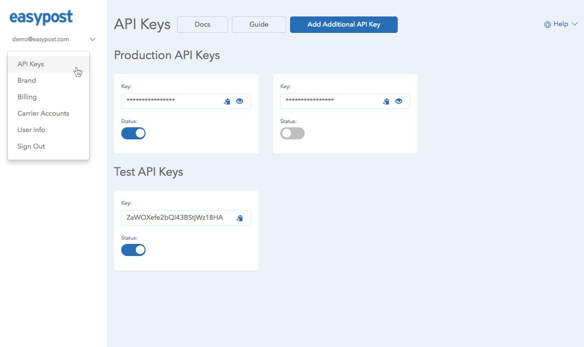 Screenshot of EasyPost's API Keys page
