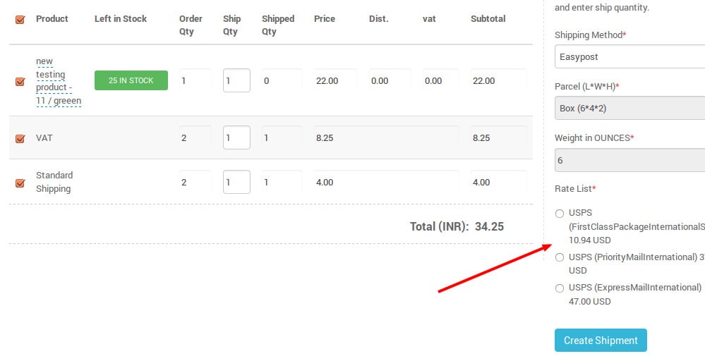 Table showing rates and services levels in the Orderhive UI