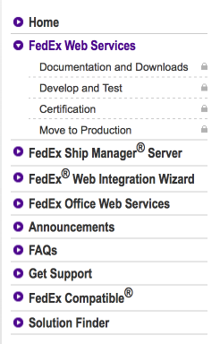 Fedex web services menu