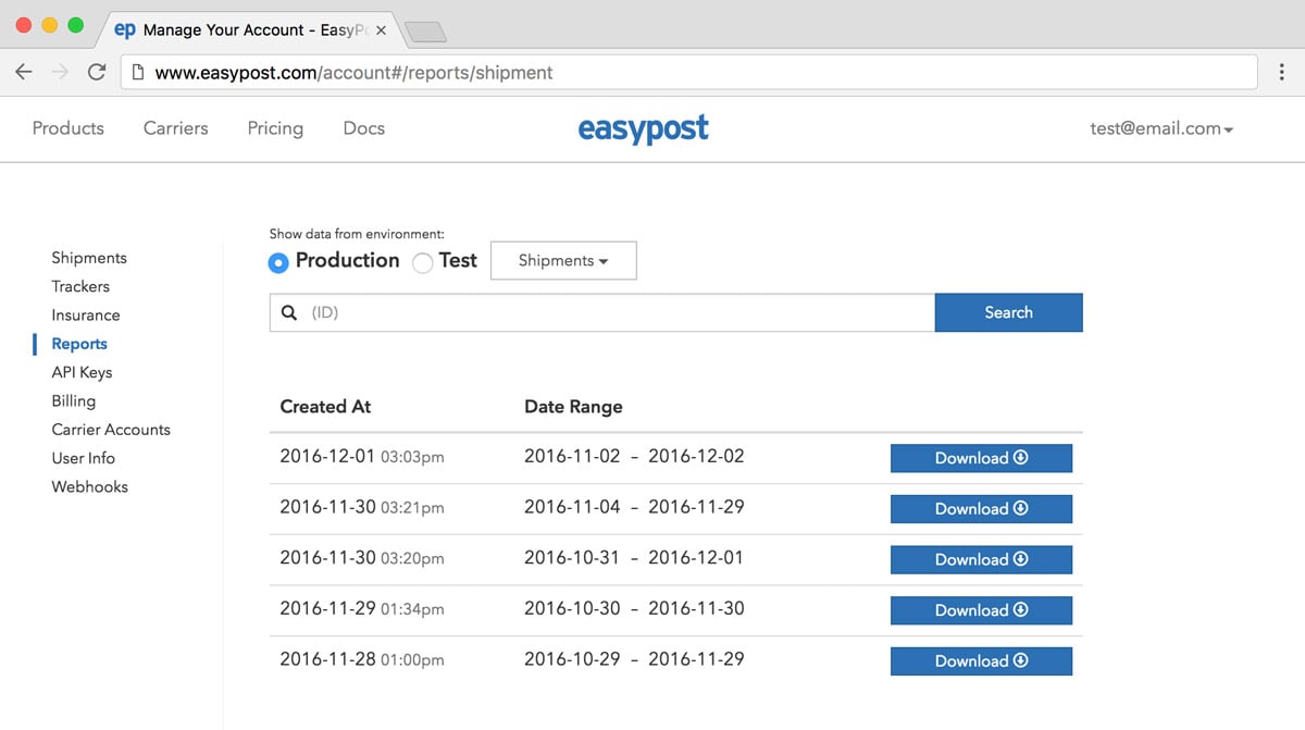 EasyPost Reports dashboard