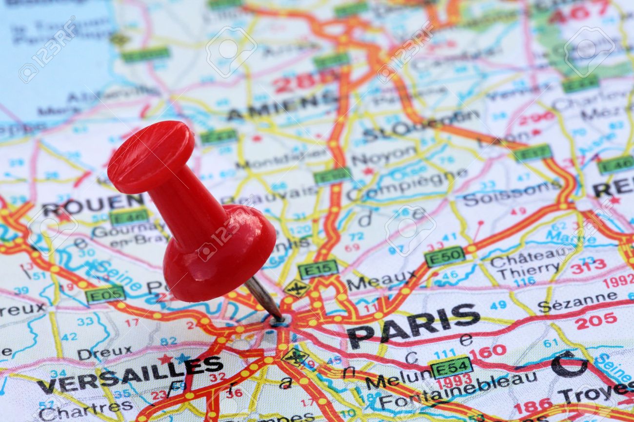 Map with a push pin in Paris, France