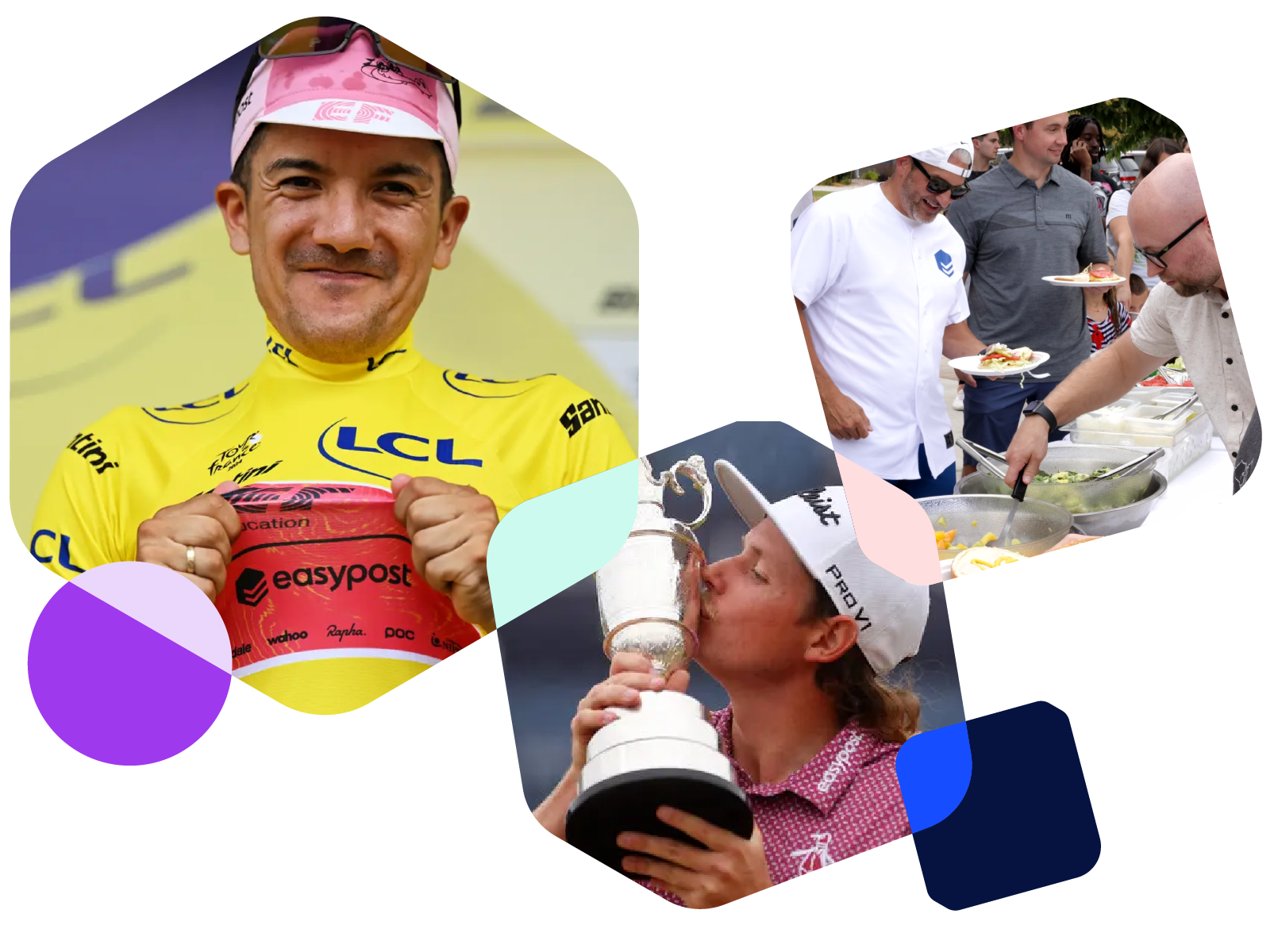 Images of Richard Caparaz, a race banner with the EasyPost logo, and employees having a good time at a company dinner.