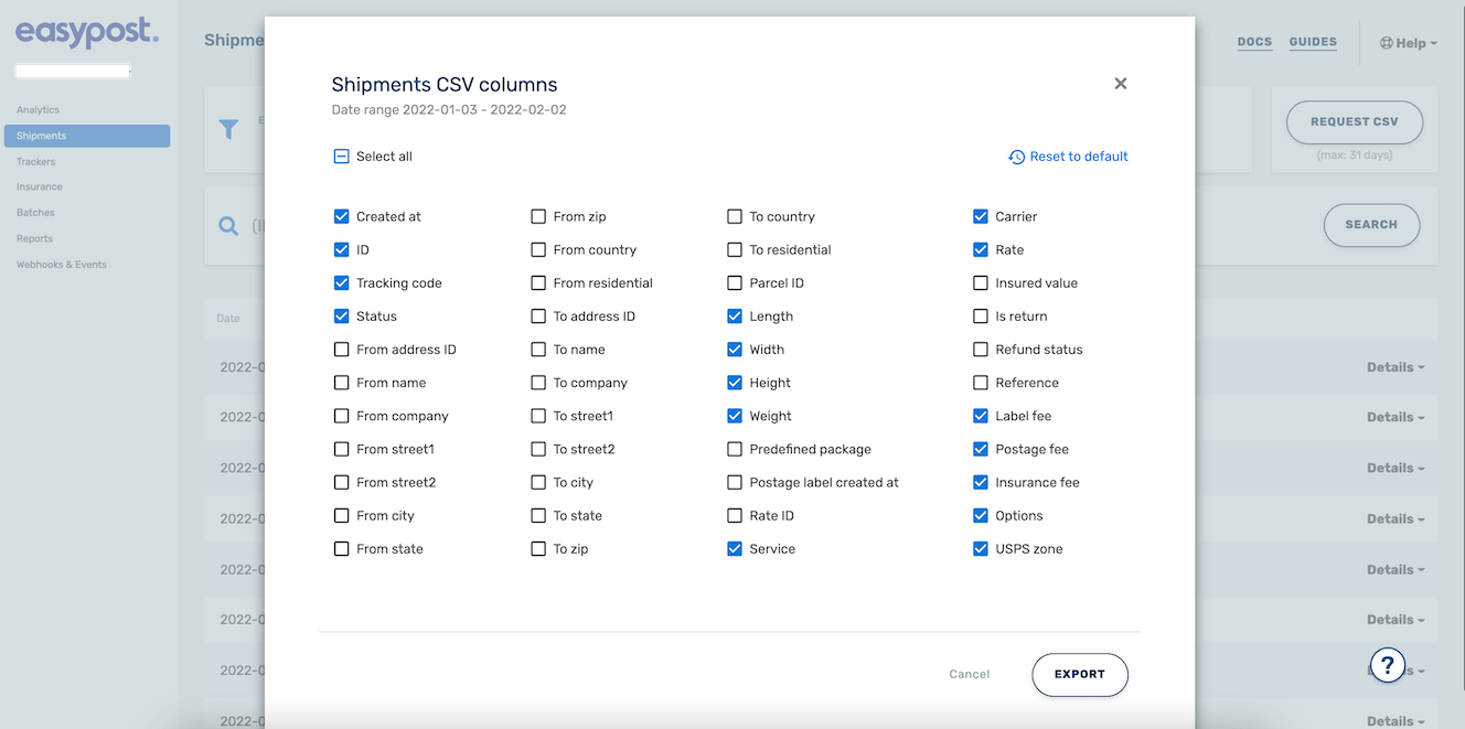 A user customizing the columns that will be exported from the EasyPost Shipments dashboard