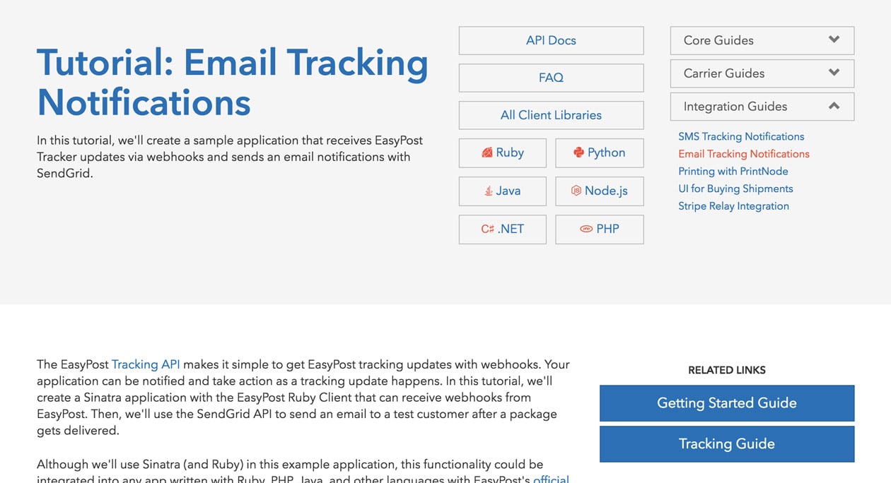 Webpage showing the tutorial for setting up email tracking notifications