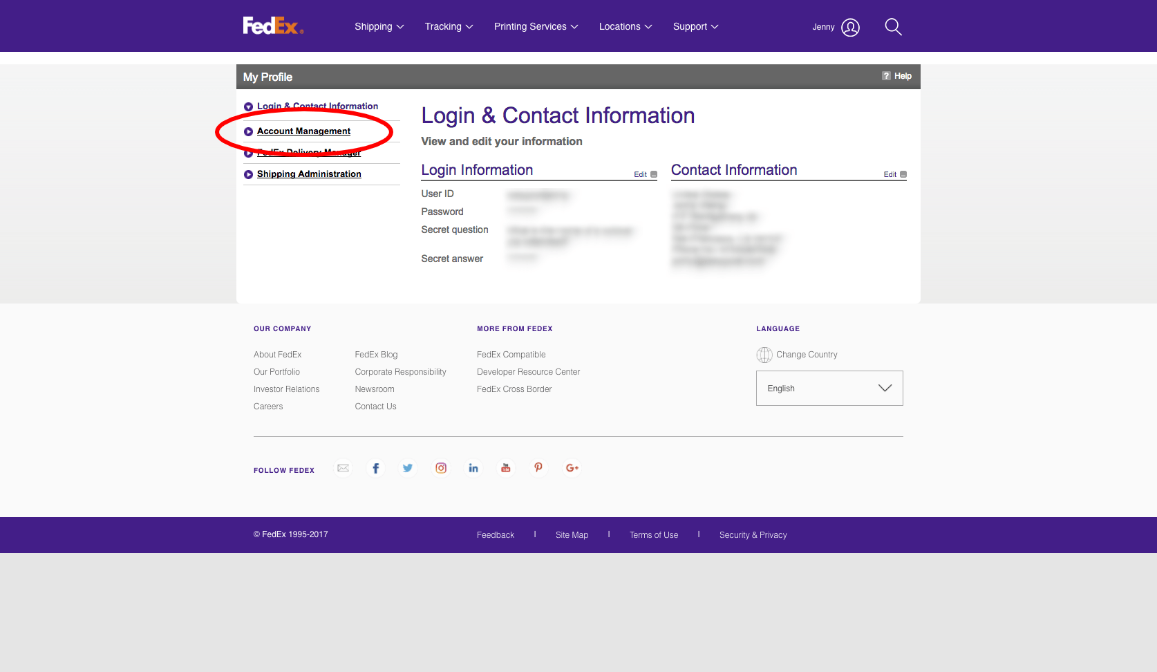 Fedex's My Profile page with the Account Management option highlighted