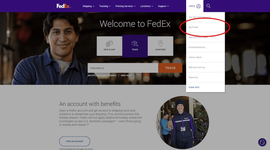 Fedex's home page with the user menu open and "My Profile" highlighted