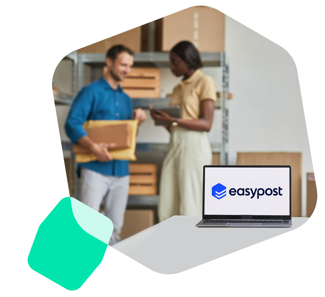 Two ecommerce employees preparing packages for shipping, with EasyPost in the foreground on a laptop.