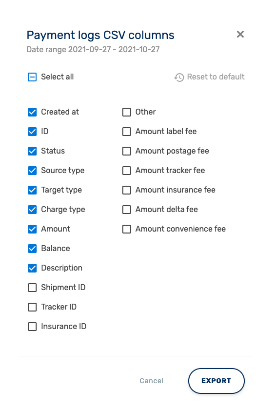 EasyPost payment logs CSV export column selector