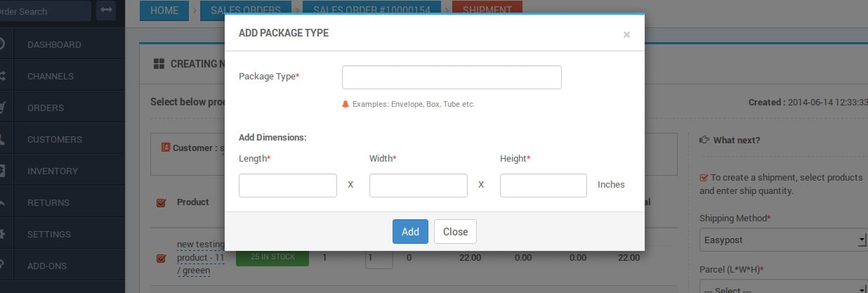The add package type and information form in the Orderhive UI
