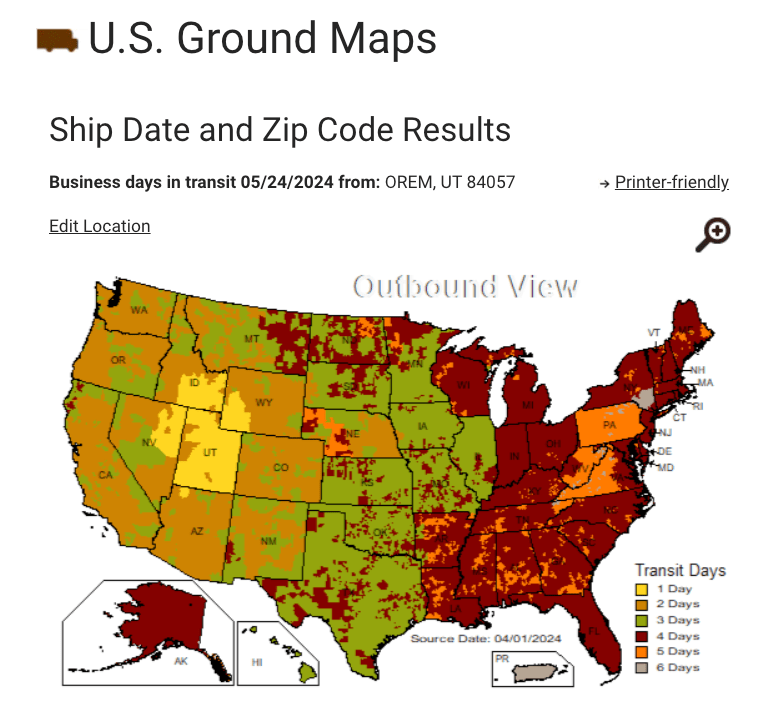 A map of the United States showing delivery times for UPS Ground Shipping