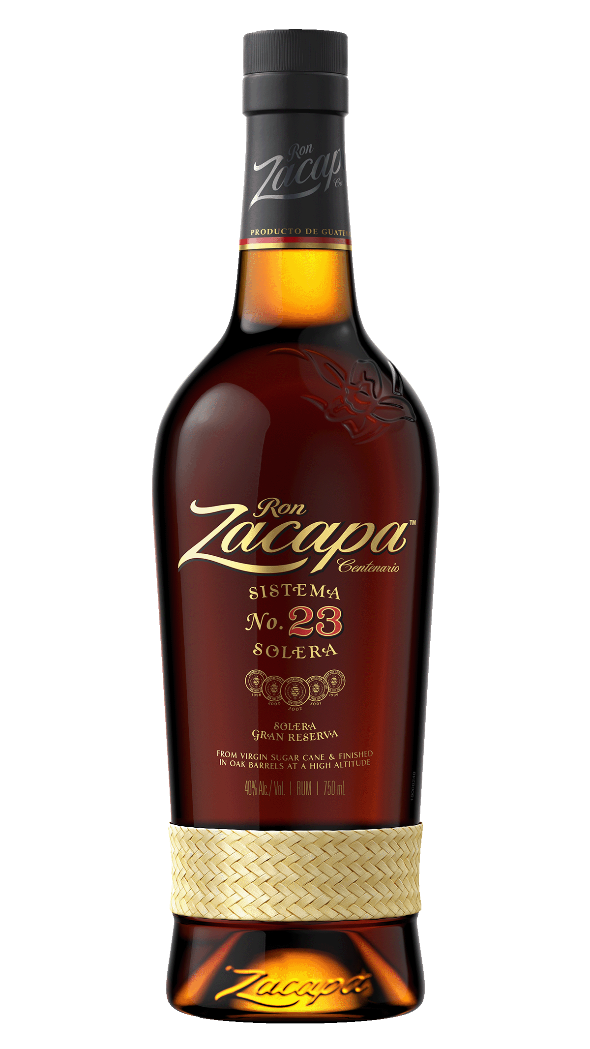 A bottle of Ron Zacapa Sistema Solera 23 rum is shown, featuring a dark label with gold lettering.