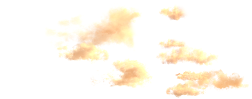 Soft, fluffy clouds in shades of orange and yellow float against a bright white sky, creating a warm and ethereal atmosphere.